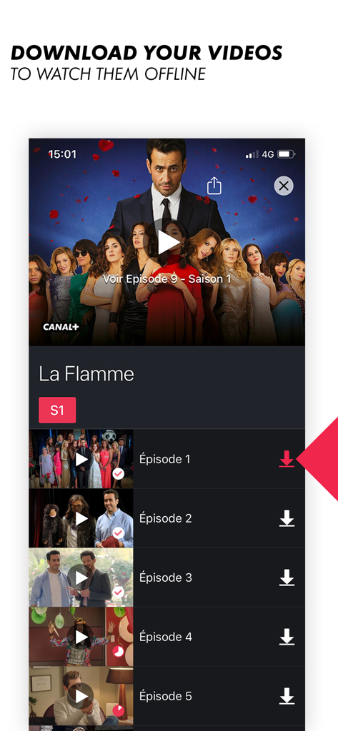 Screenshot of the CANAL plus app showing the video download feature for watching shows offline