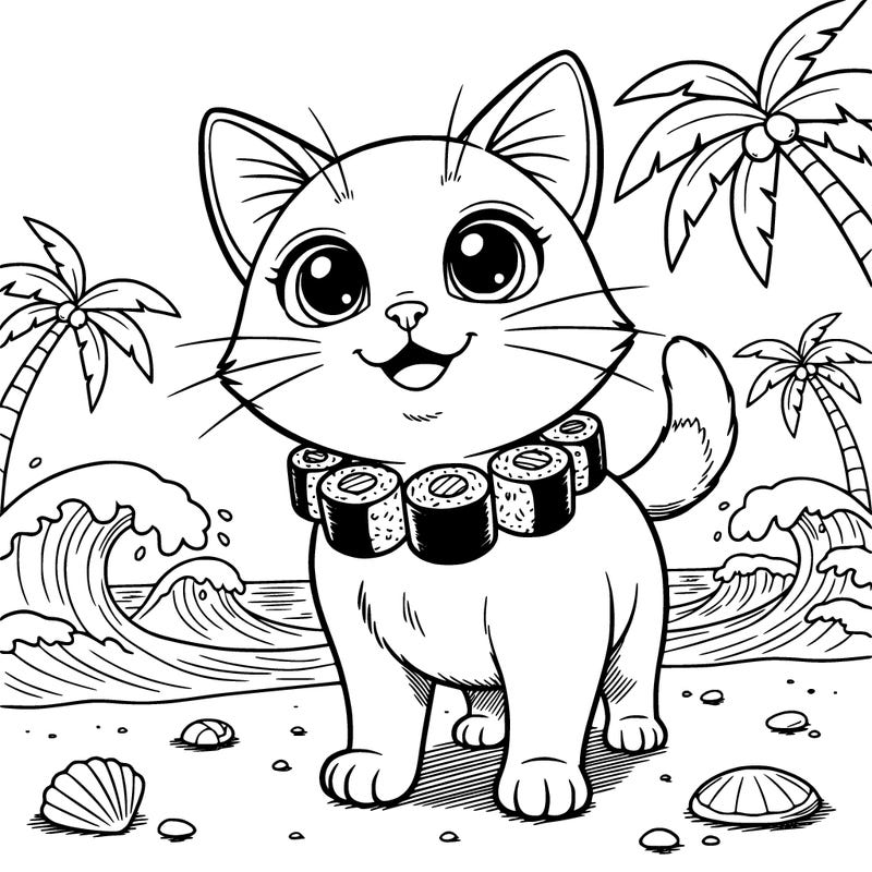 a kitten that has a green sushi collar and is named daisy and it’s at a beach