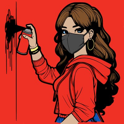 realistic girl with mask spray painting a wall