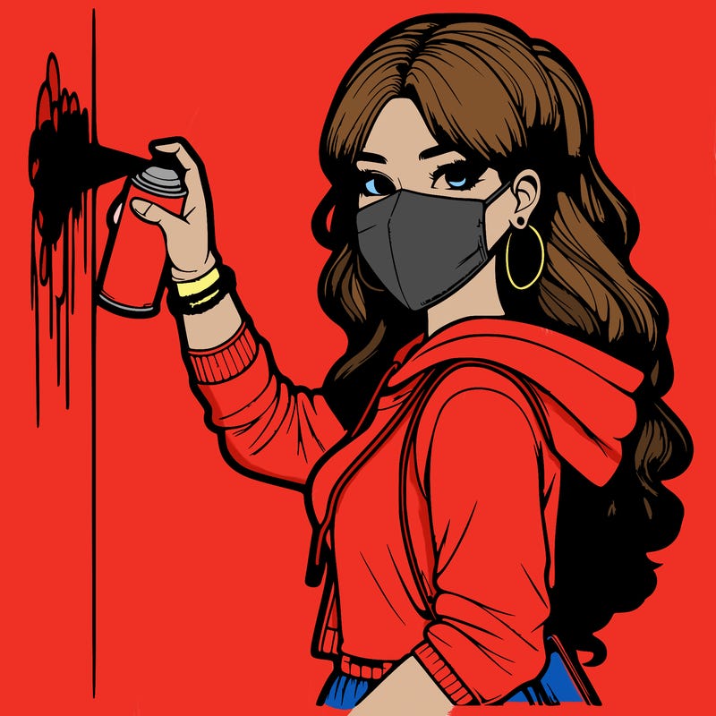 realistic girl with mask spray painting a wall