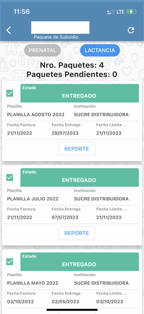 Mi Subsidio - Mobile app screen showing delivered subsidy packages for prenatal and lactation support
