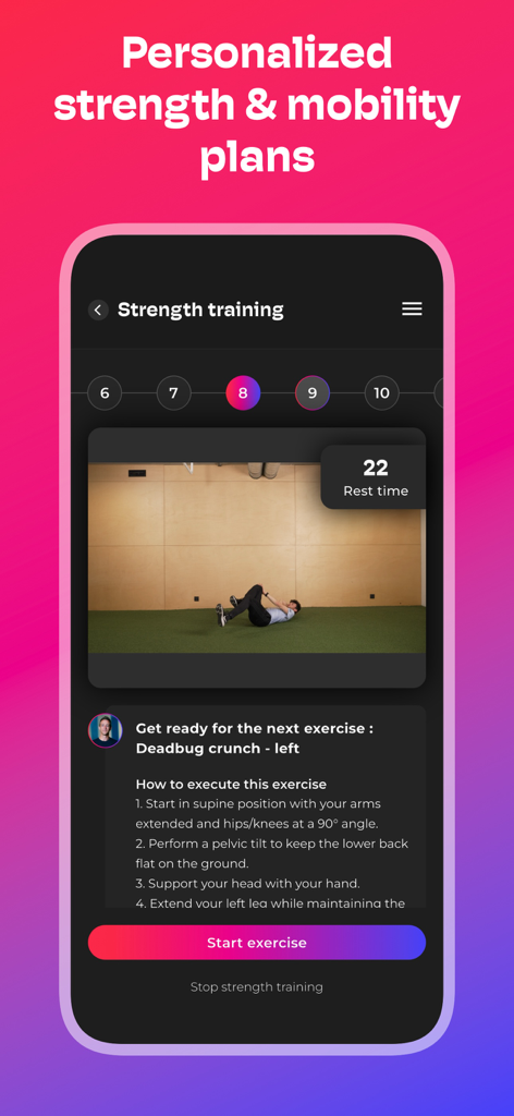 Trenara Coach - Running Plans - Trenara App-Bildschirm mit einem personalisierten Kraft- und Mobilitätstraining mit Übungsanleitungen und Videodemonstration