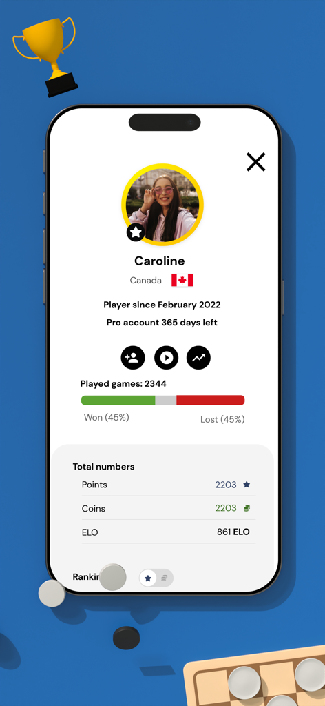 Checkers Online - Dama Game - Pantalla de perfil de jugador en la aplicación Checkers Online que muestra la relación victorias-derrotas y la clasificación ELO