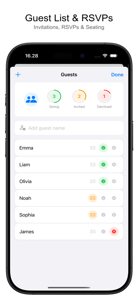 Event Stories - Party Planner - Interfaz de lista de invitados de la aplicación Event Stories que muestra el estado de confirmación de asistencia para la planificación de fiestas