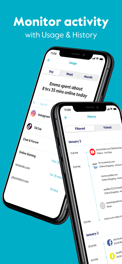 Circleペアレンタルコントロールアプリのインターフェース。2台のスマートフォンで、使用状況と閲覧履歴の追跡機能が表示されています。
