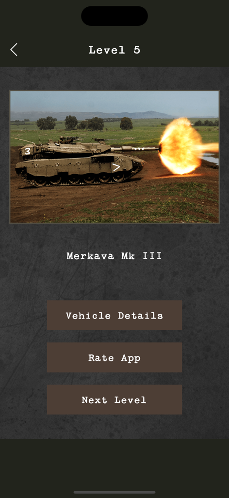 Screenshot of Level 5 in the Tank Lineup app featuring a Merkava Mk III tank firing its main gun