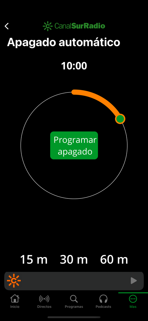 Canal Sur Radio app screen showing automatic sleep timer settings with a circular dial and preset time options.