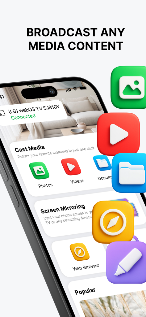 Smart Cast TV: Screen Share - Smart Cast TV app interface for broadcasting photos and videos to a smart TV