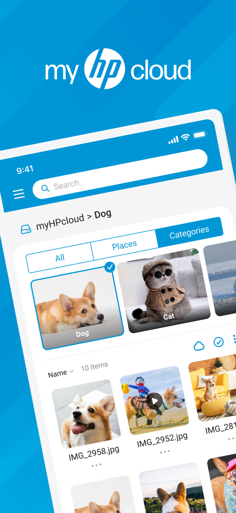 myHPcloud - The myHPcloud app interface displaying a collection of pet photos organized by AI into smart albums.