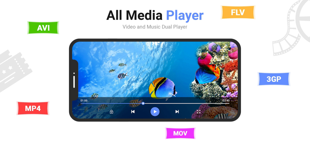 MX Video Player interface on a smartphone displaying an underwater scene with tags for supported formats like MP4 AVI and MOV