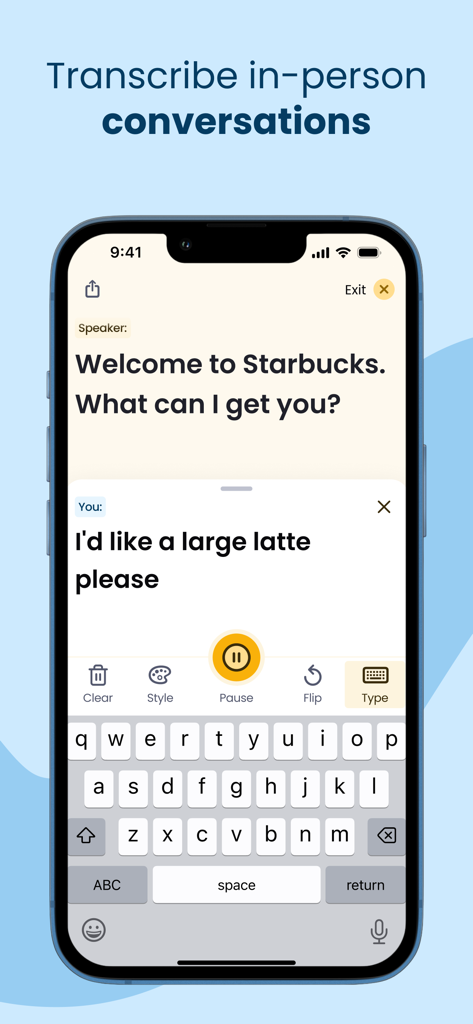 Interface do aplicativo Nagish mostrando transcrição em tempo real de uma conversa presencial em um café com opção de resposta por digitação.