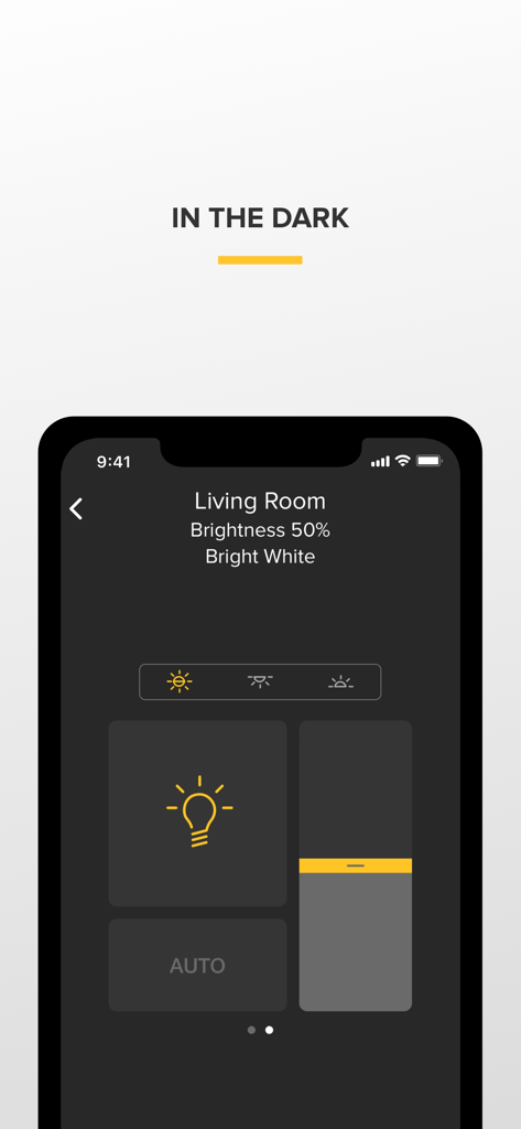 Big Ass Fans - Die Big Ass Fans App-Oberfläche mit Steuerungen für Helligkeit und Farbtemperatur von Smart Lights für ein Wohnzimmer.