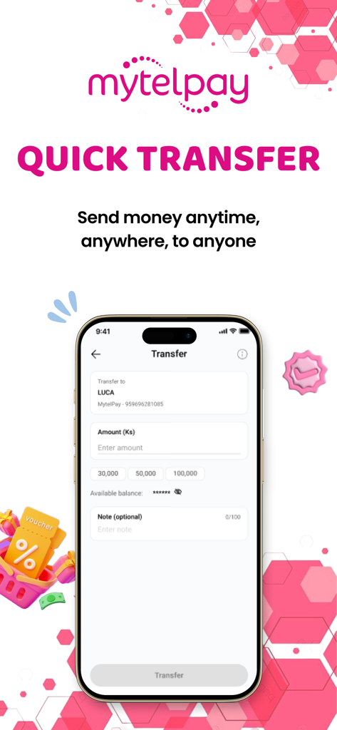 MytelPay V2 mobile app interface showing the quick transfer screen to send money anytime to anyone in Myanmar Kyats