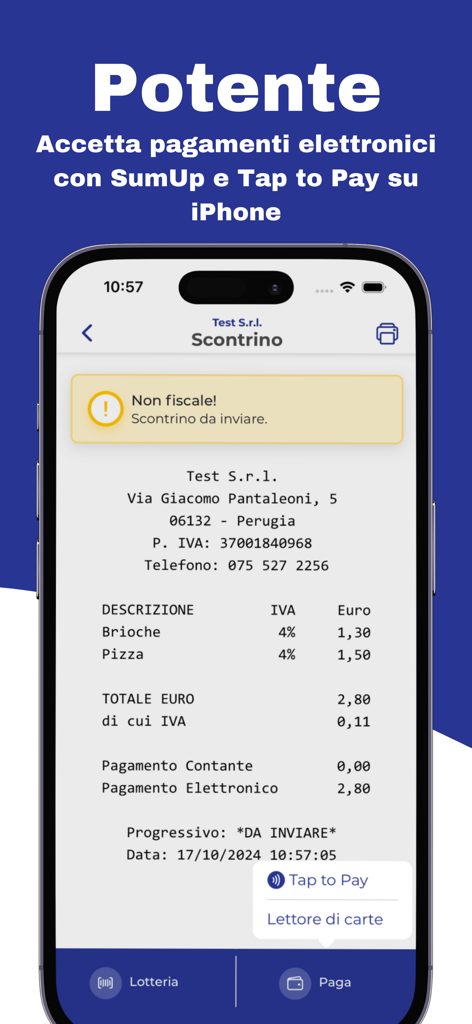 CassApp Scontrino Elettronico - Smartphone screen showing a digital sales receipt with electronic payment and Tap to Pay options.