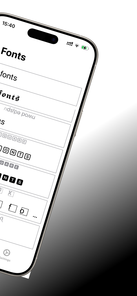 Pantalla de smartphone que muestra una variedad de estilos de fuentes únicas en la aplicación Fonts plus Keyboard