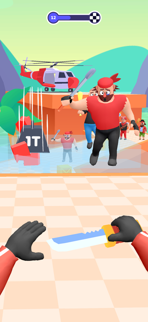 Vista en primera persona de un asesino sosteniendo un cuchillo y enfrentando enemigos en Hit Master 3D