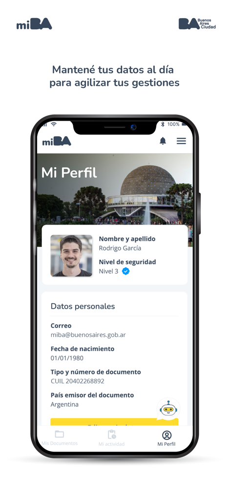 miBA - Interface of the miBA app showing the user profile section with personal data and identity validation status.