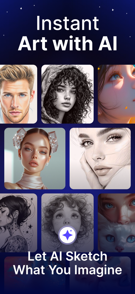 AR Drawing Paint & Sketch 4+ - A collection of AI-generated portrait sketches and digital paintings shown as examples of instant art.