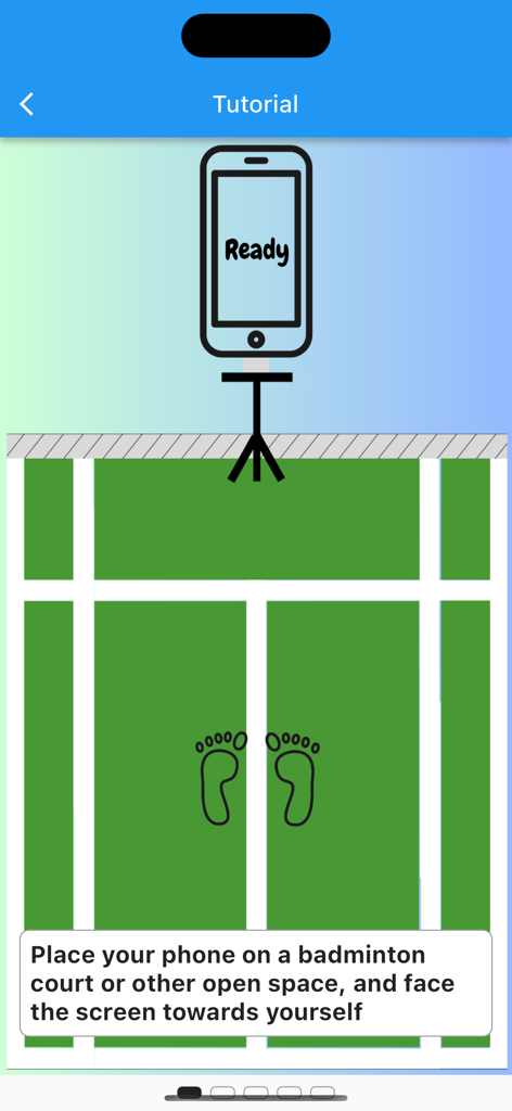 Tutorial screen showing phone placement on a badminton court for footwork training