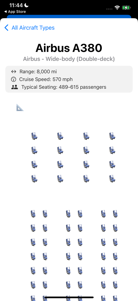 Airbus A380 aircraft specifications and seating layout on the Plane Seat Pro mobile app.