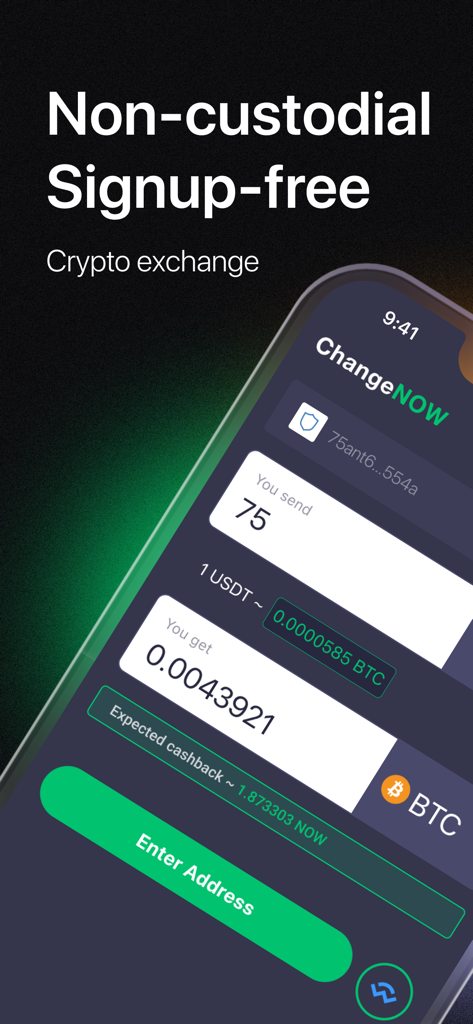 ChangeNOW mobile app interface for non-custodial and signup-free crypto exchange