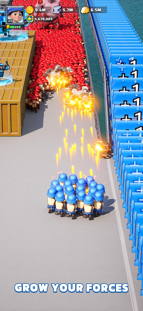 A group of blue soldiers shooting a red zombie horde in a lane runner level of Last War Survival with the text Grow Your Forces.