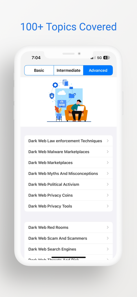 다크 웹 가이드 앱 인터페이스는 다크 웹에 대한 고급 교육 주제 목록을 표시합니다.