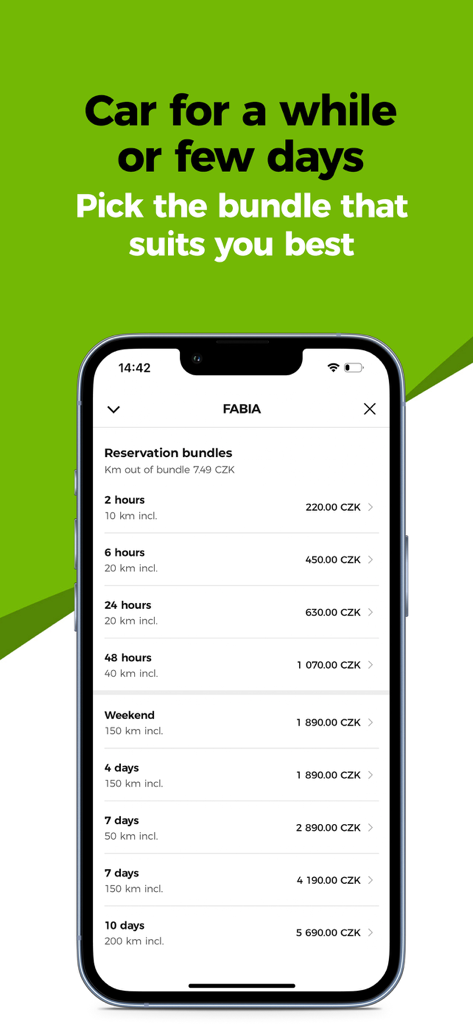 CAR4WAY carsharing - CAR4WAY mobile app screen showing a list of car rental reservation bundles with prices and included kilometers