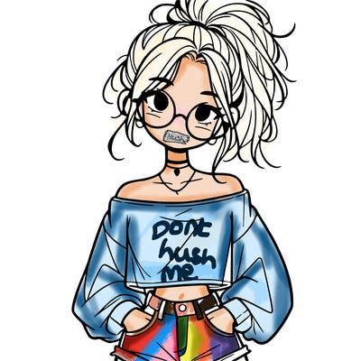 girl with a messy ponytail glasses a baggy crop top and jean shorts