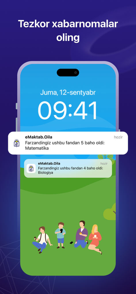 eMaktab.Oila - Smartphone screen displaying eMaktab Oila app push notifications for student grades