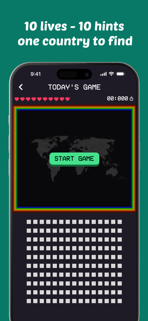 MapGame! - MapGame app Today's Game start screen showing a world map and 10 lives indicator.