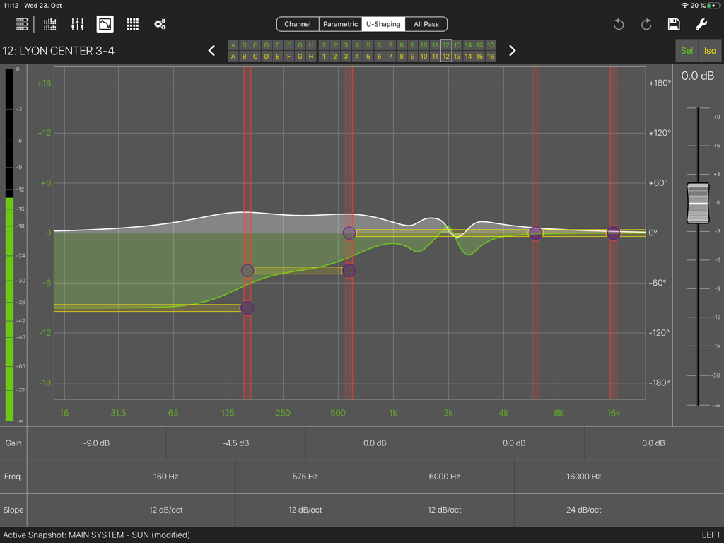 Compass Go by Meyer Sound - Interface of Compass Go showing a U-Shaping equalization graph with professional audio settings.