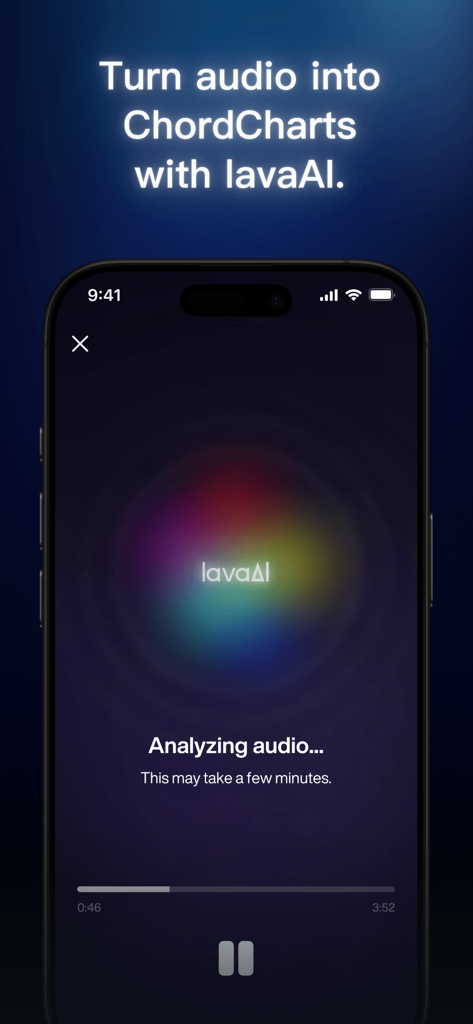 LAVA plus app interface showing AI analysis of audio for chord charts