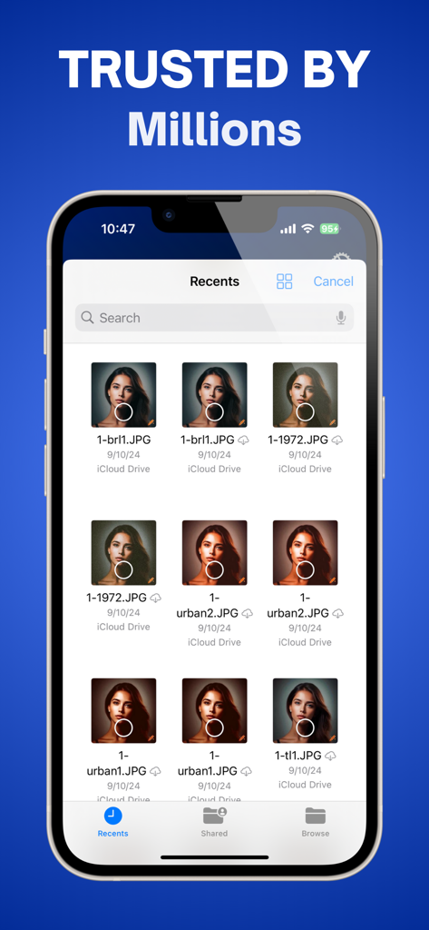 VidRecover mobile app showing a gallery of recovered photos from iCloud Drive