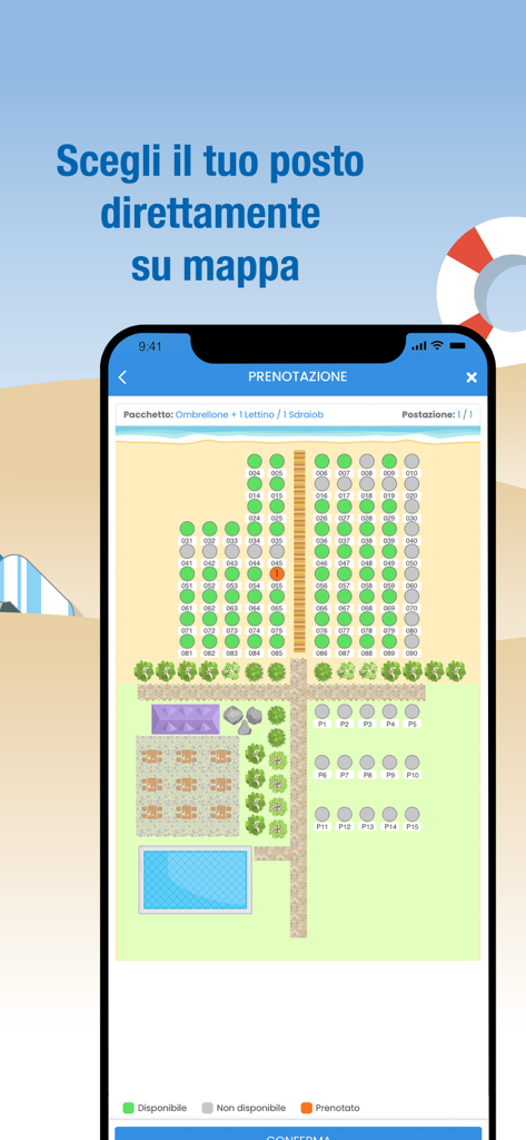BlueKiwi - BlueKiwi app interface showing an interactive map to choose and book beach umbrellas