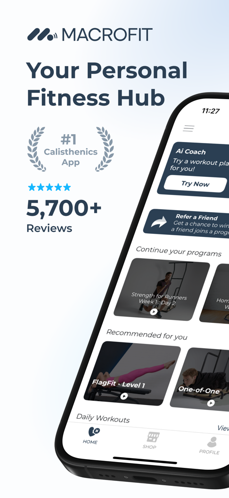 Macrofit fitness app dashboard showing personalized workout programs and AI coaching