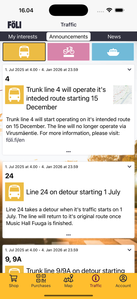 Föli app screen showing traffic announcements and bus route updates for Turku public transport.