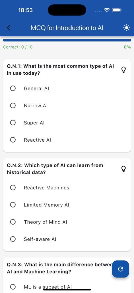 Learn AI (LA) - Una pantalla de la aplicación móvil que muestra preguntas de opción múltiple sobre conceptos de inteligencia artificial, incluyendo tipos de IA y aprendizaje automático.