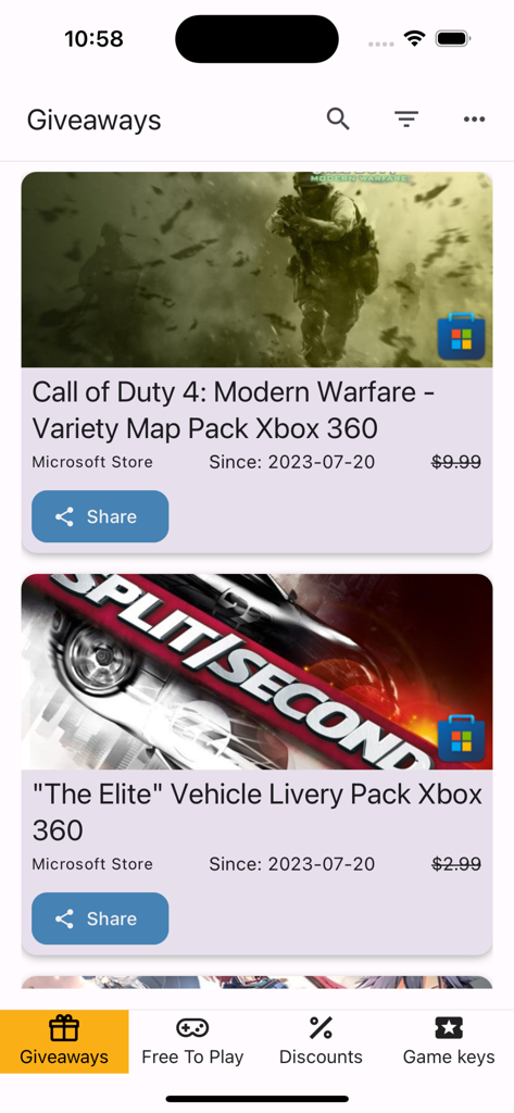 Freebie Game Deals Radar - Interface do aplicativo móvel mostrando uma lista de conteúdo de jogos grátis e sorteios para Xbox
