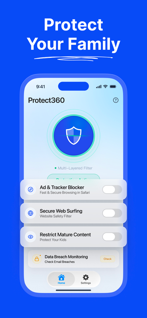 Protect360 Pro - Protect360 Pro dashboard highlighting ad blocking and family protection tools