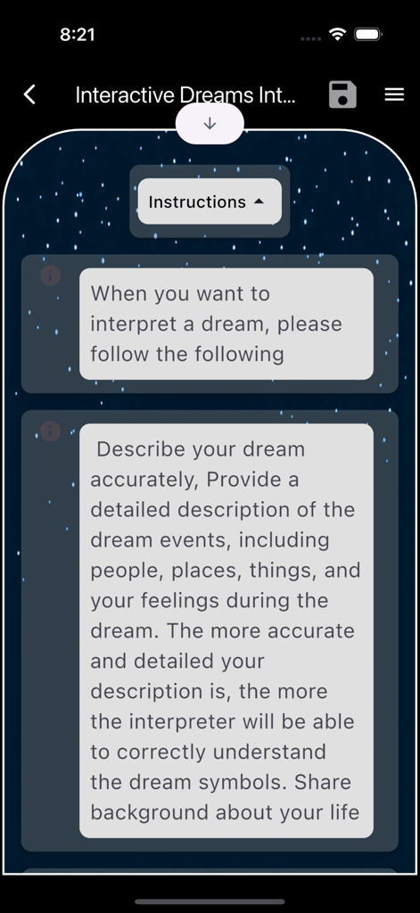AhlamShamel - Tela de instruções para o recurso interativo de interpretação de sonhos no aplicativo AhlamShamel