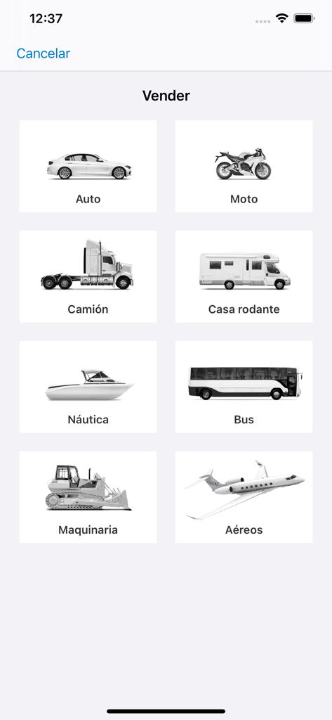 Chileautos - Chileautos app screen showing vehicle categories for selling including cars motorcycles and trucks