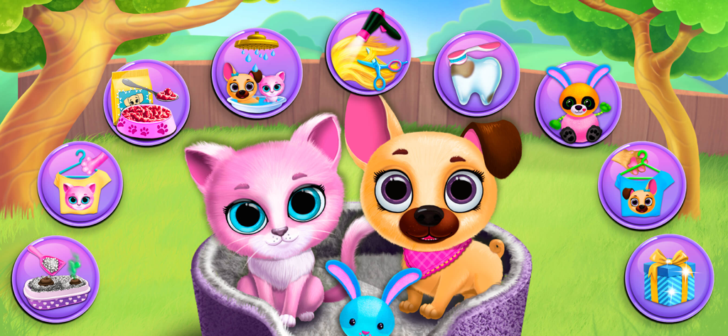 A gata Kiki e a cadela Fifi com ícones interativos de cuidados com animais de estimação