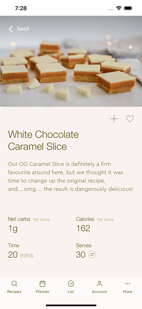 Welle Club - Welle Club app screenshot displaying a recipe for White Chocolate Caramel Slice with low carb nutritional information
