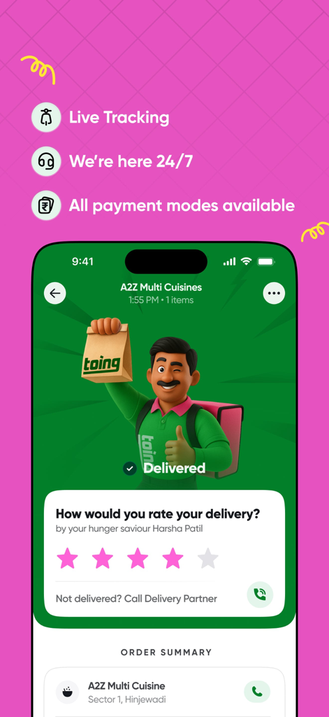 Toing app screenshot showing order delivery confirmation and rating interface