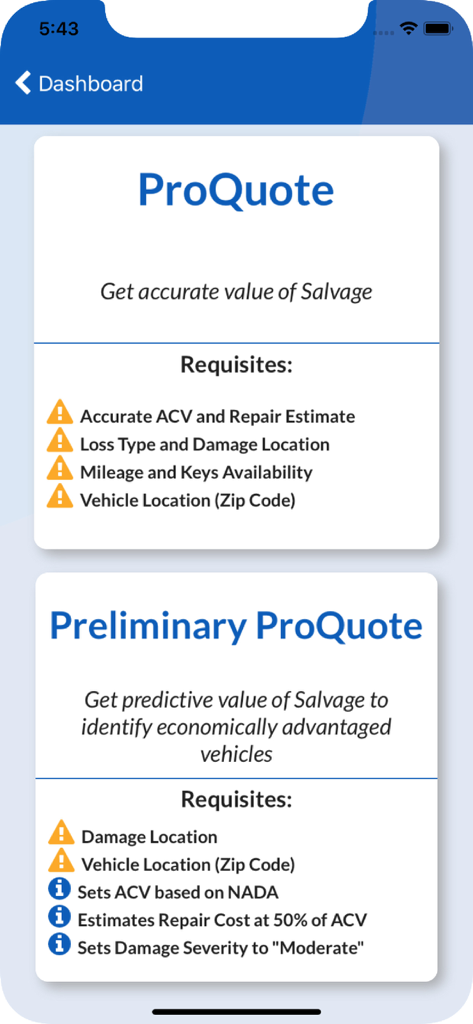 Interface displaying the requirements for ProQuote and Preliminary ProQuote salvage valuation tools within the Copart Seller app