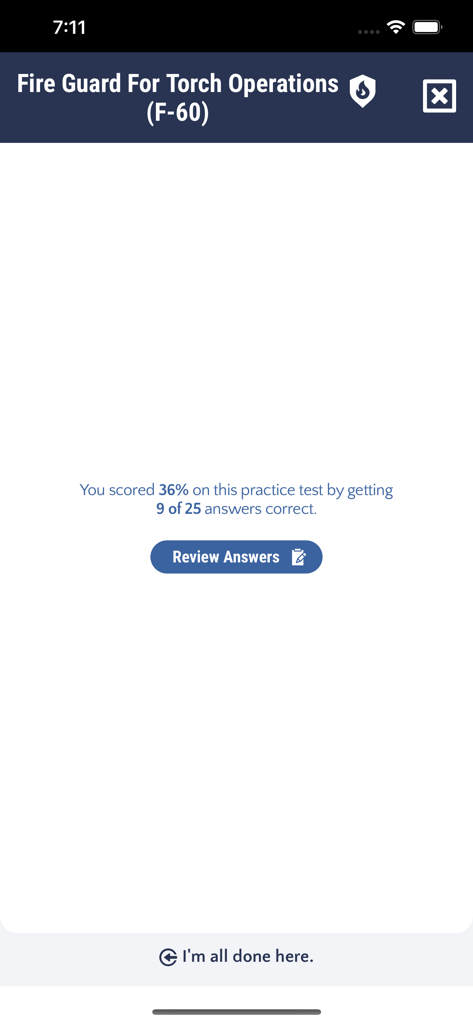 FireGuard for Torch Ops F60 - Pantalla de resultados del examen de práctica FireGuard F-60 mostrando la puntuación y el botón de revisión