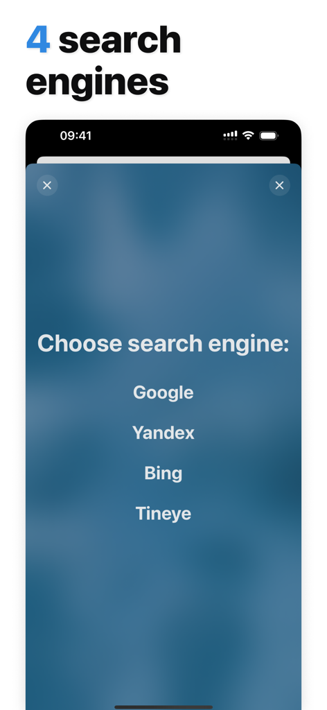 Una pantalla de aplicación móvil que muestra opciones para elegir entre cuatro motores de búsqueda: Google, Yandex, Bing y Tineye para la búsqueda inversa de imágenes