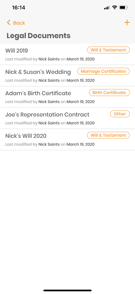 SideDrawer - Screenshot of SideDrawer app displaying a list of legal documents such as wills and birth certificates