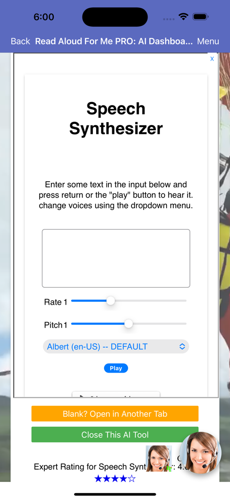 Interface for the Speech Synthesizer tool in the Read Aloud PRO app showing text input box sliders for rate and pitch and a voice selection dropdown